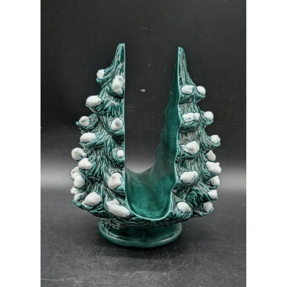 Vintage 1982 Handmade Ceramic Christmas Tree Napkin Holder Snow Capped Green